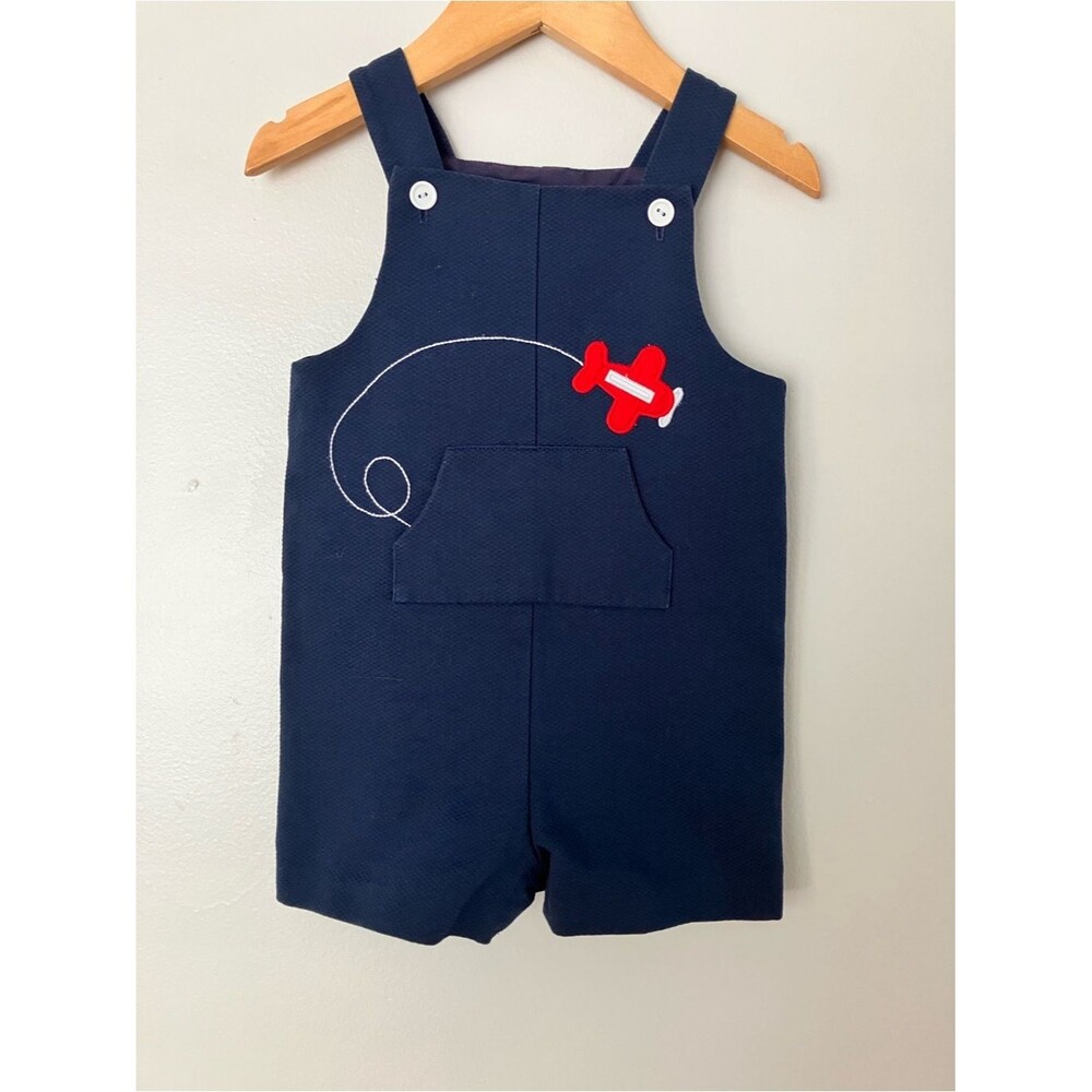 Florence Eiseman 24m/2y Navy Jon Jon Overall Romper Airplane Applique/Embroidery
